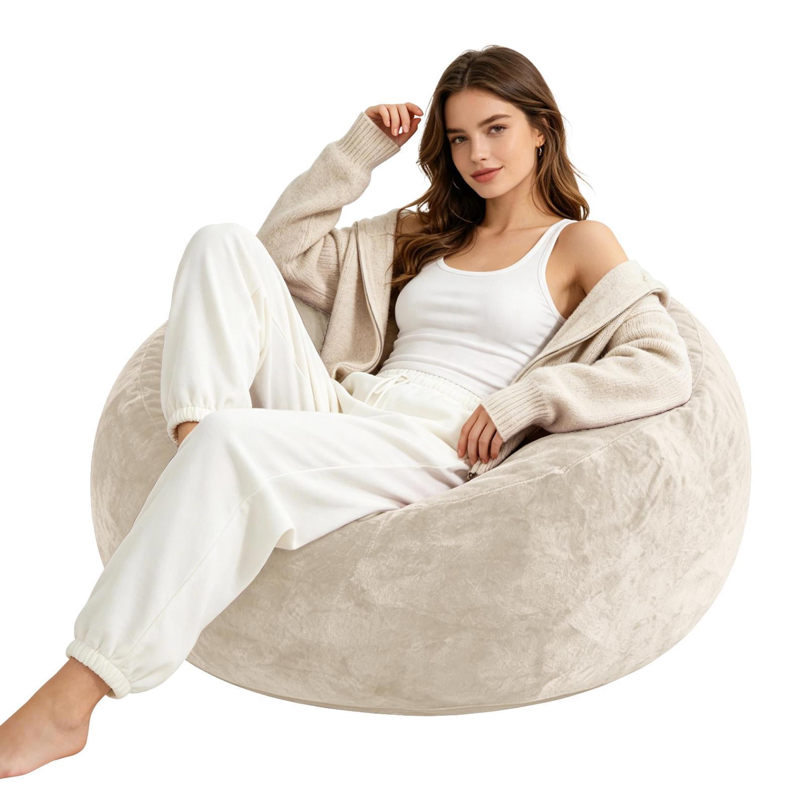 Hommoo 4FT Bean Bag Chair, Memory Foam Filling Soft Sofa with Flannel Cover, Round Sofa for Living Room, Bedroom, College Dorm, Beige