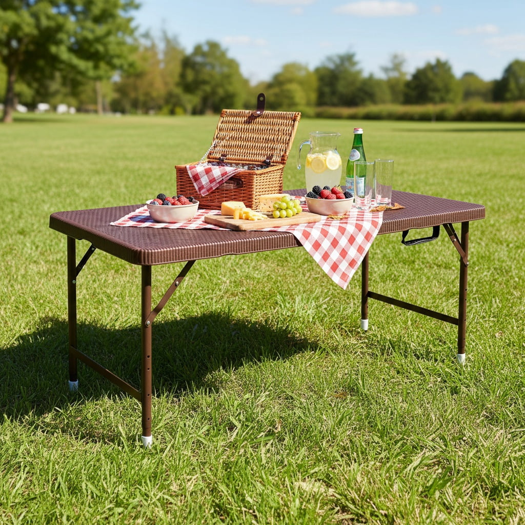Hommoo 4FT Rattan Folding Table, Plastic Adjustable Portable Foldable Table, Camping Table for Indoor& Outdoor, Brown