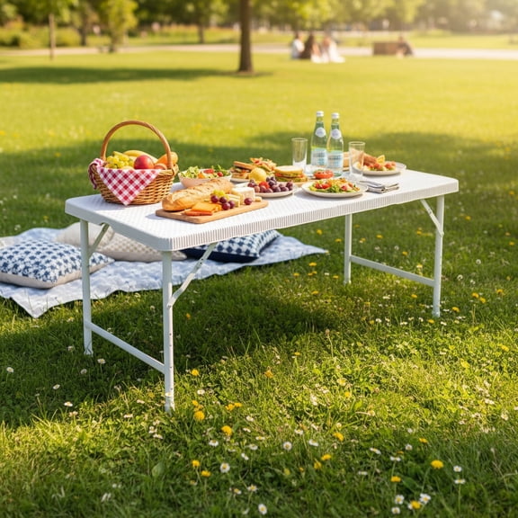 Hommoo 4FT Rattan Folding Table, Plastic Adjustable Portable Foldable Table, Camping Table for Indoor& Outdoor, White