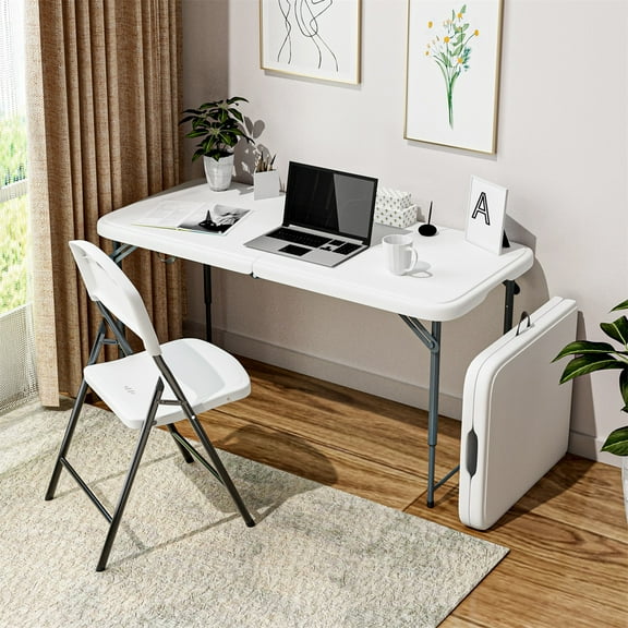 Hommoo 4ft Plastic Folding Table, Indoor Outdoor Heavy Duty Portable Tables, Adjustable Height Camping Table for Home Office Party Picnic, White