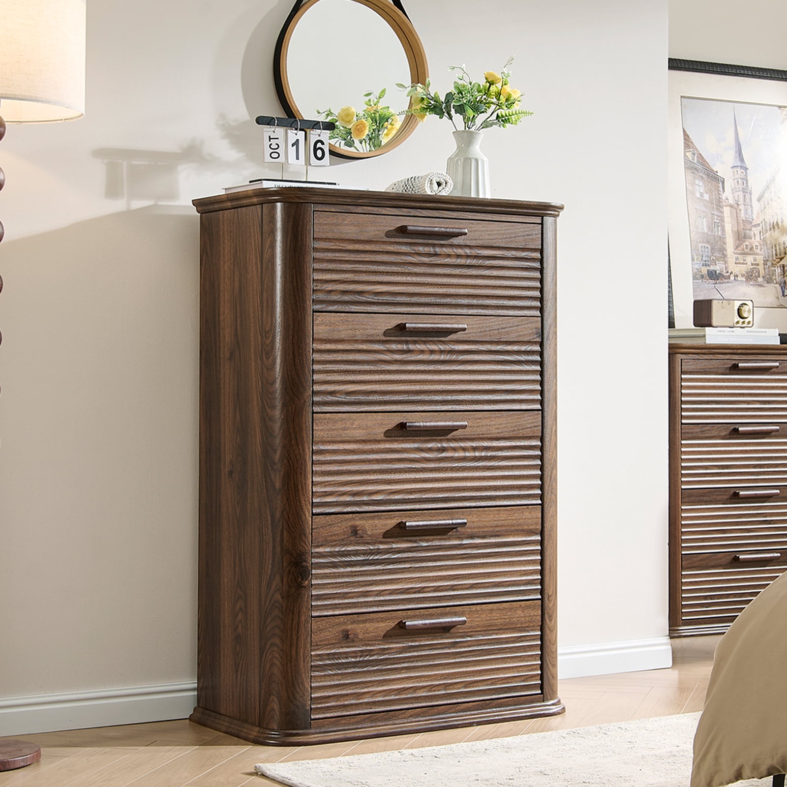 Hommoo 5 Drawers Dresser Storage Organizer, Modern 45" Tall Dresser with Curved Profile Design, Wood Fluted Drawer Chest for Living Room, Walnut