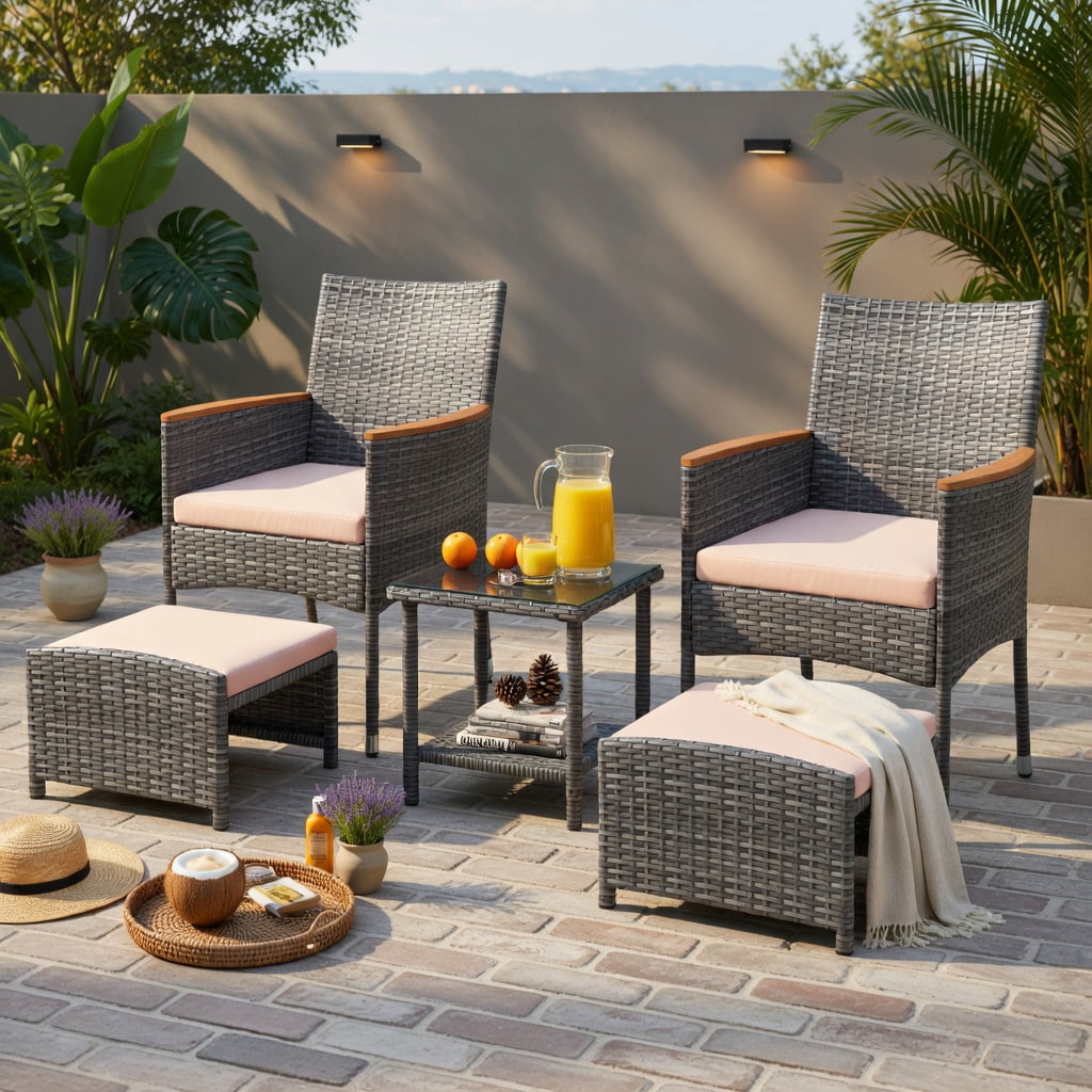 Hommoo 5-Piece Outdoor Patio Conversation Set with PE Rattan Armchairs, Ottoman Footrests & Tempered Glass Side Table, Weather-Resistant, Space-Saving, Easy-Clean Cushions, Brown