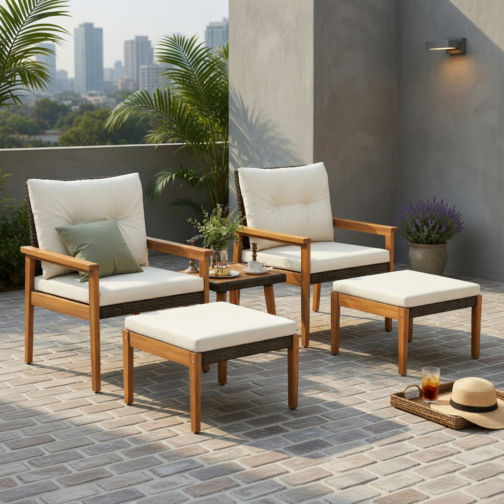 Hommoo 5-Piece PE Rattan Outdoor Furniture Set with Square Coffee Table & Matching Ottomans, Acacia Wood Frame, Weather-Resistant Wicker Patio Set for Backyard, Poolside & Porch, White