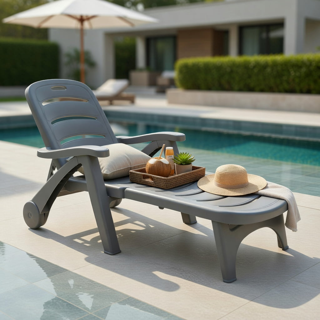 Hommoo 5-Position Adjustable Outdoor Folding Chaise Lounge Chair, Heavy-Duty PP Patio Lounger with Dual Wheels, Gray