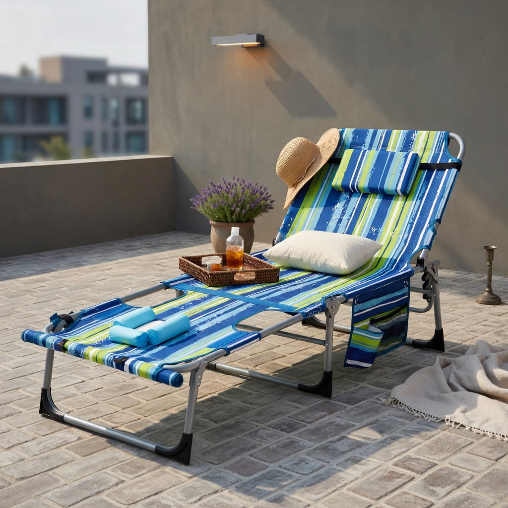 Hommoo 5-Position Adjustable Outdoor Folding Chaise Lounge Chair with Pillow, Lightweight, Portable & UV-Resistant, Blue & Green