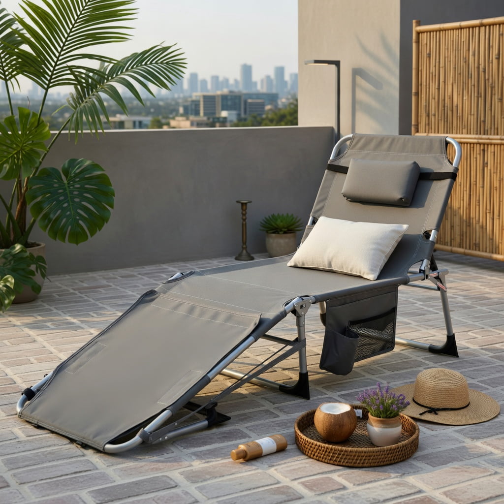 Hommoo 5-Position Adjustable Outdoor Folding Chaise Lounge Chair with Pillow, Lightweight & Portable for Pool, Beach, Patio, or Backyard, Blue