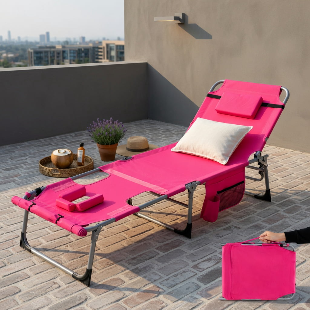 Hommoo 5-Position Adjustable Outdoor Folding Chaise Lounge Chair with Removable Pillow, Pink