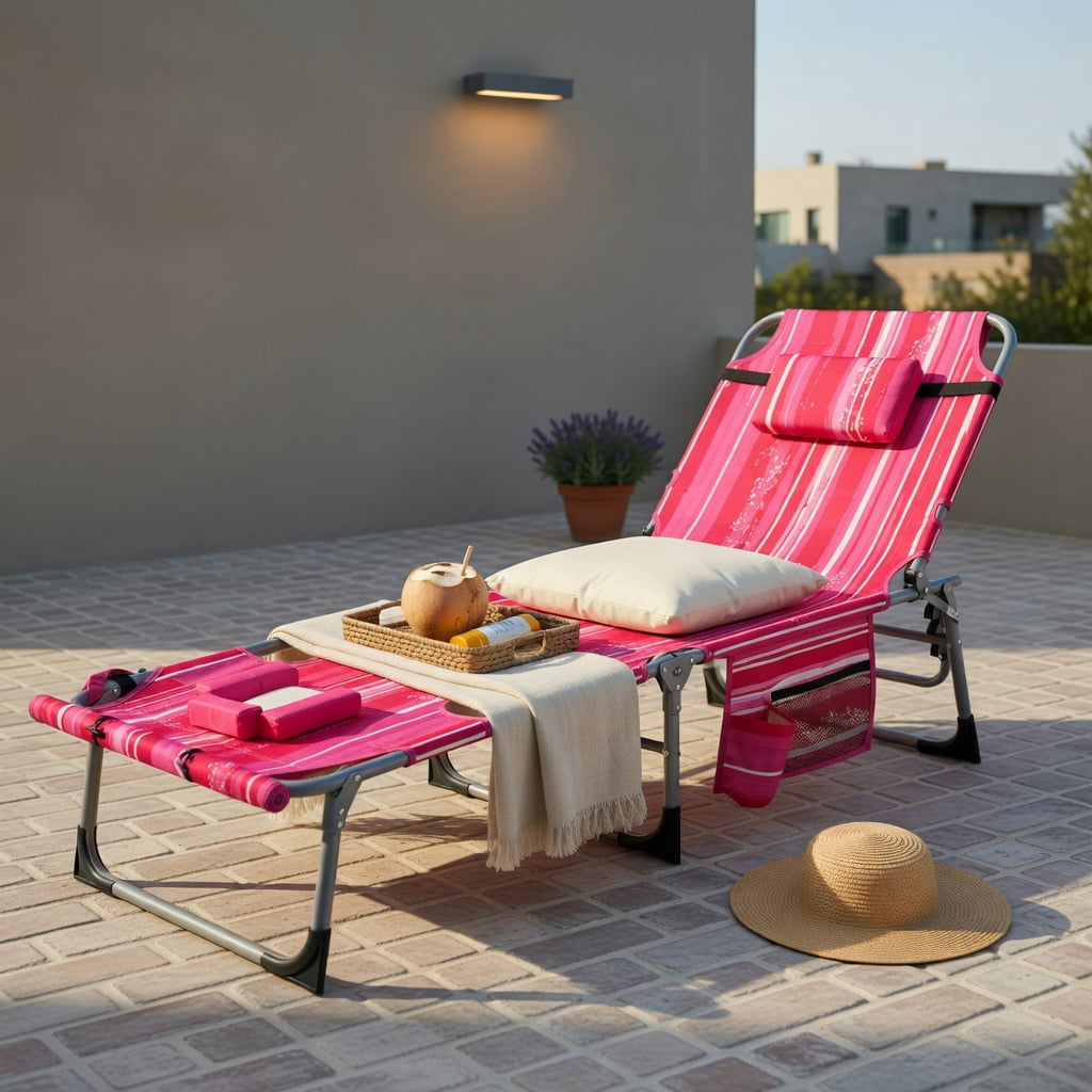 Hommoo 5-Position Adjustable Outdoor Folding Chaise Lounge Chair with Removable Pillow, Rose Pink