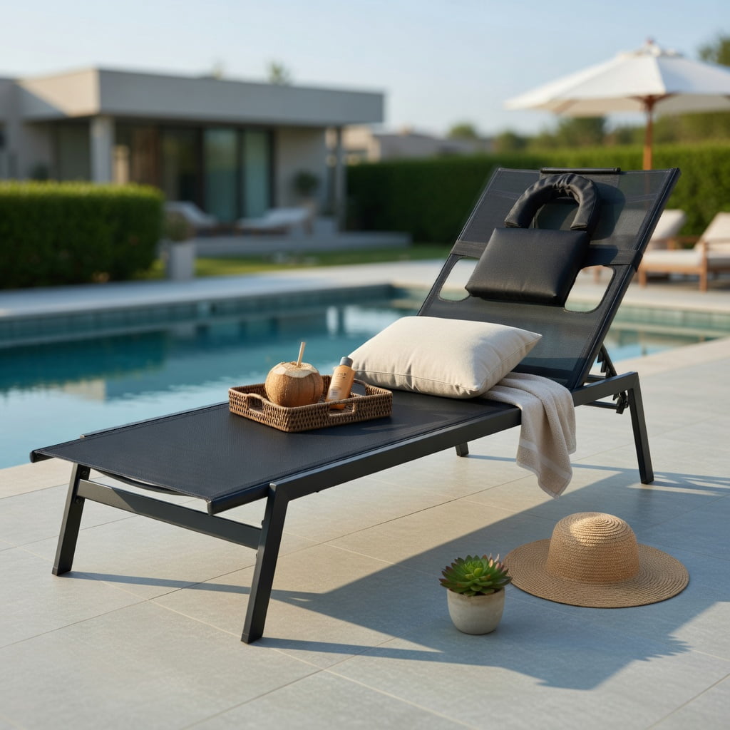 Hommoo 5-Position Adjustable Sun Lounger Chair for Patio, Poolside & Backyard, Metal Tanning Chaise with Headrest & U-Shaped Pillow, Black