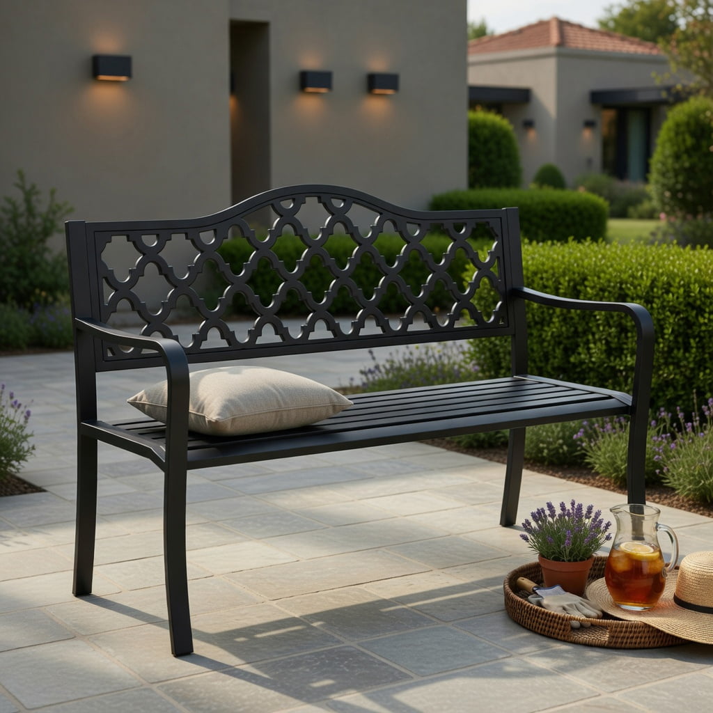 Hommoo 50.5" Heavy-Duty Metal Patio Bench for 2-3 People, Curved Armrests & Elegant Backrest Design, Outdoor Garden, Poolside or Backyard Seating, Black