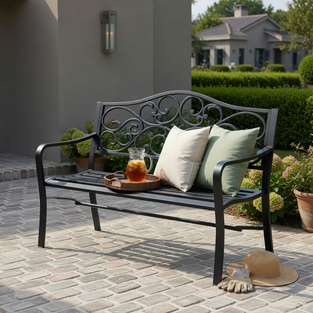 Hommoo 50" Cast Iron Outdoor Patio Bench, Floral Scroll Backrest, Slatted Seat, Heavy-Duty Metal Garden Bench for Porch & Deck, Black