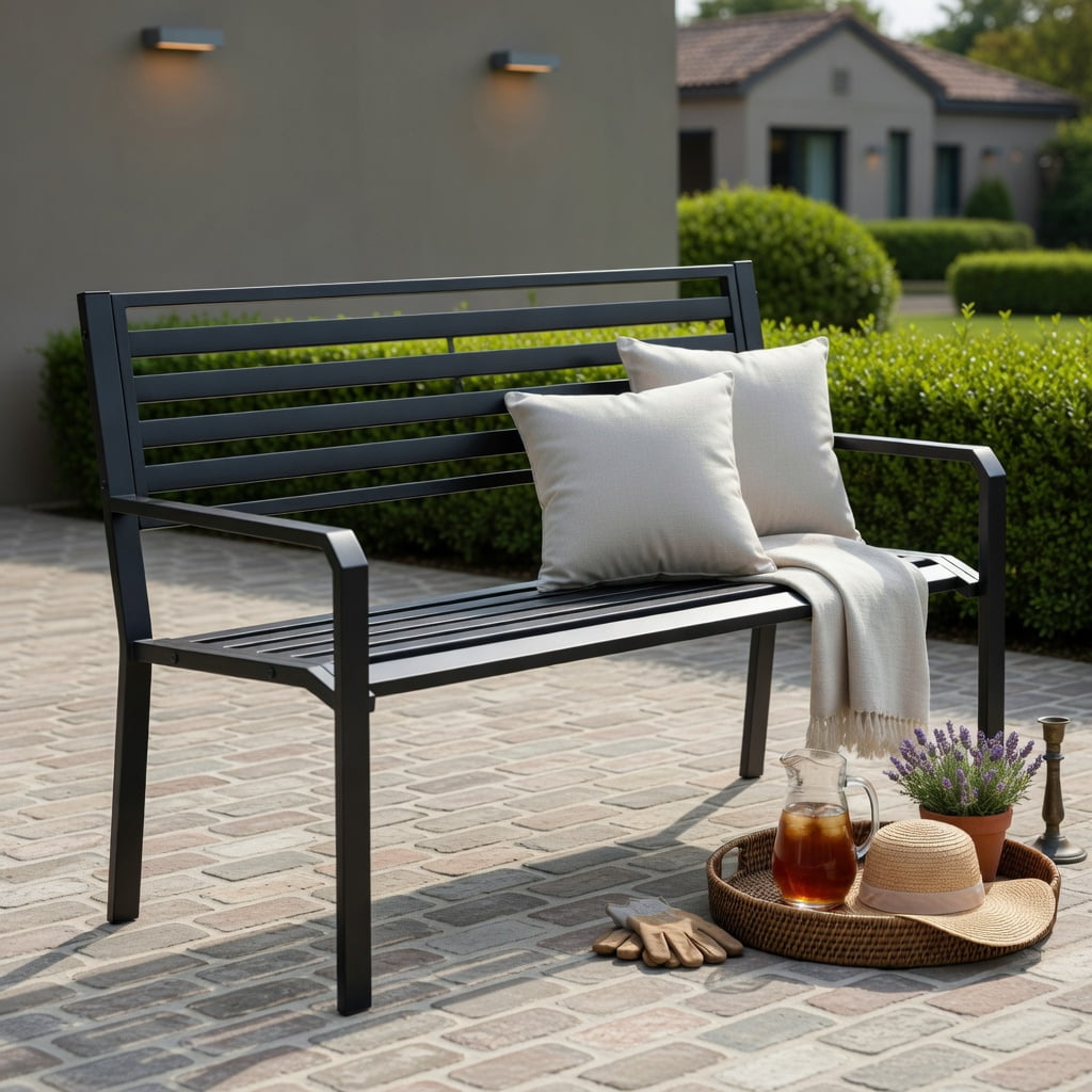 Hommoo 50" Heavy-Duty Outdoor Metal Patio Bench for 2-3 People, Slatted Garden Bench with Reinforced Frame & Non-Slip Feet, Black