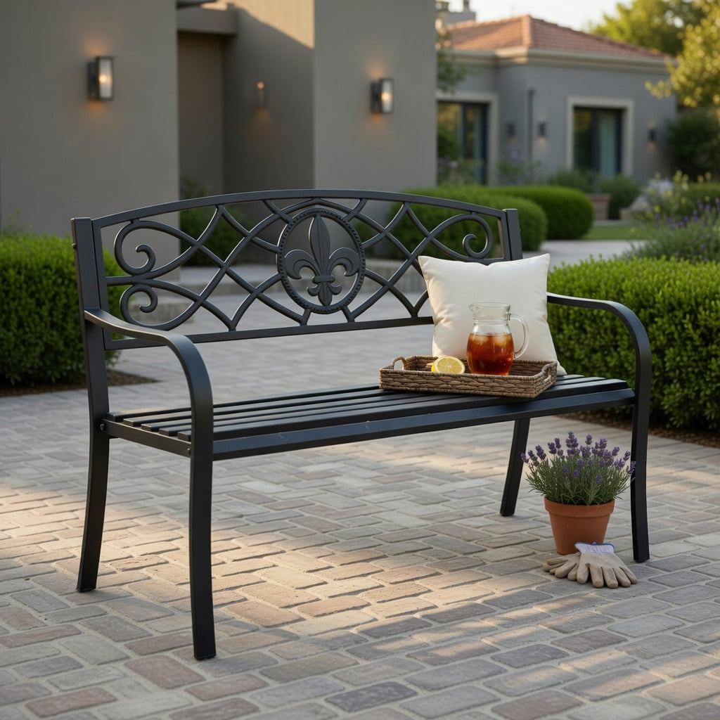 Hommoo 50" Heavy-Duty Steel Garden Bench, Rustproof Outdoor Patio Bench for Backyard, Deck & Balcony, Metal Bench, Black