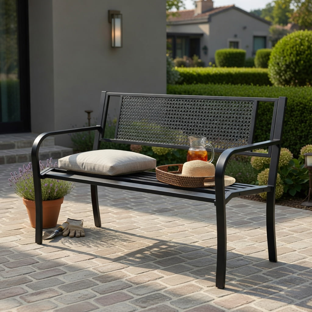 Hommoo 50" Metal Garden Bench with Decorative Patterned Backrest & Ergonomic Curved Armrests, Heavy-Duty Outdoor Seating for Patio, Porch, Courtyard & Park, Black