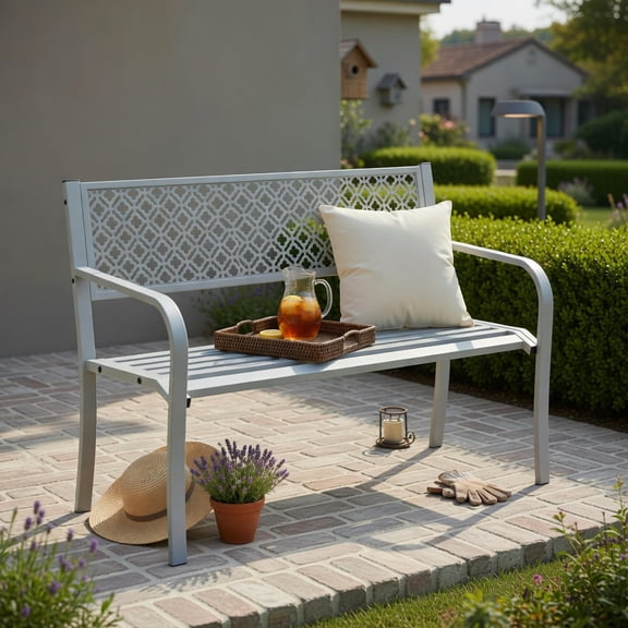 Hommoo 50" Outdoor Metal Garden Bench, Geometric Lattice Backrest, Slatted Seat, Modern Patio Bench for Porch, Backyard & Deck, Gray