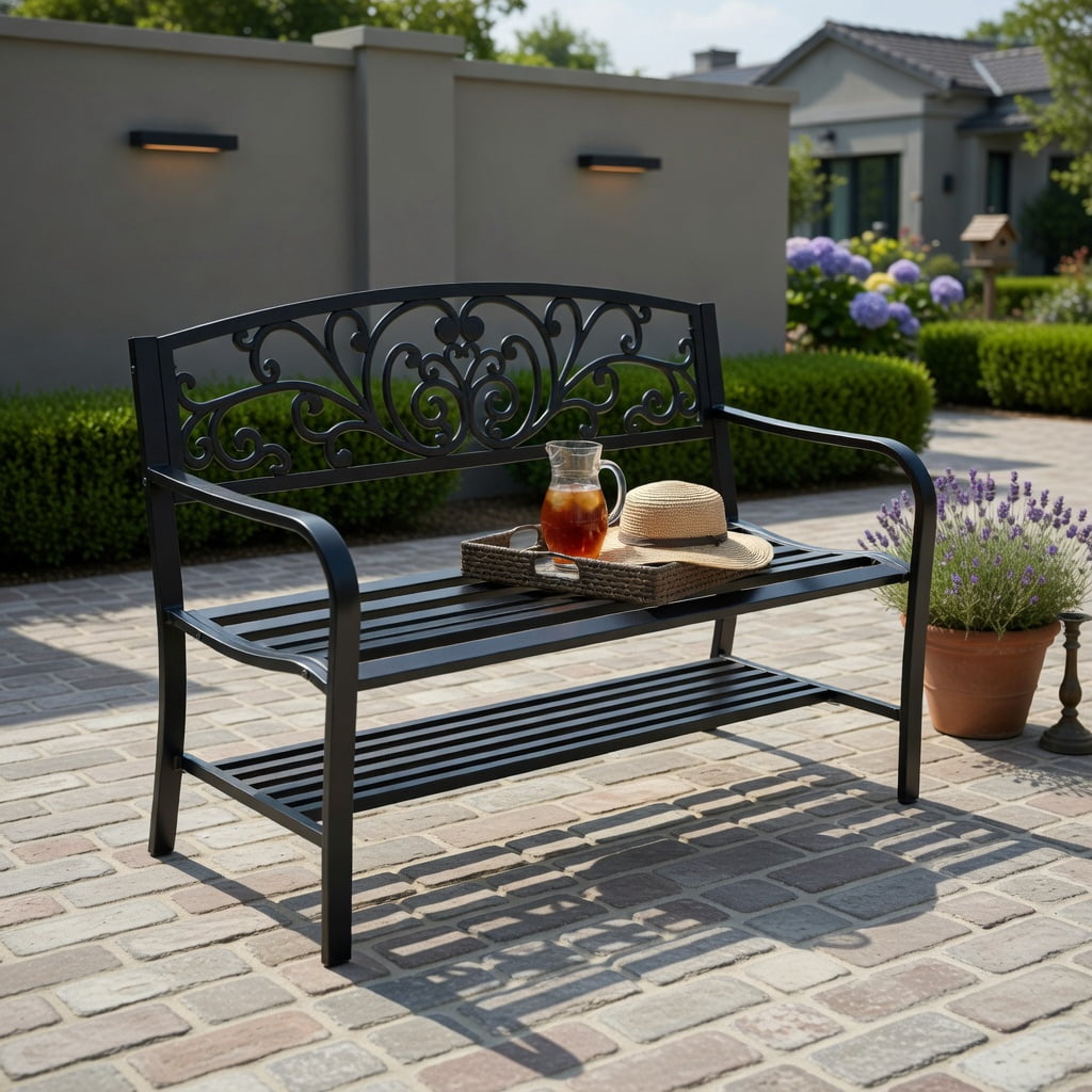 Hommoo 50" Outdoor Steel Frame Bench with Cast Iron Mesh Backrest, Heavy-Duty Patio, Garden & Deck Seating, Black