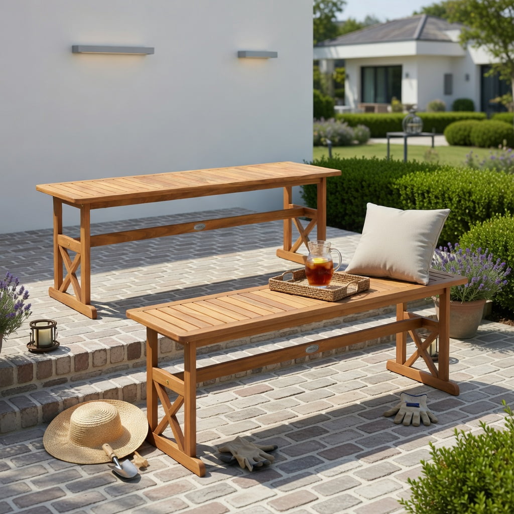 Hommoo 51" Acacia Wood Outdoor Bench Set of 2, Sturdy Slatted Patio Bench for Garden, Porch & Backyard, Natural