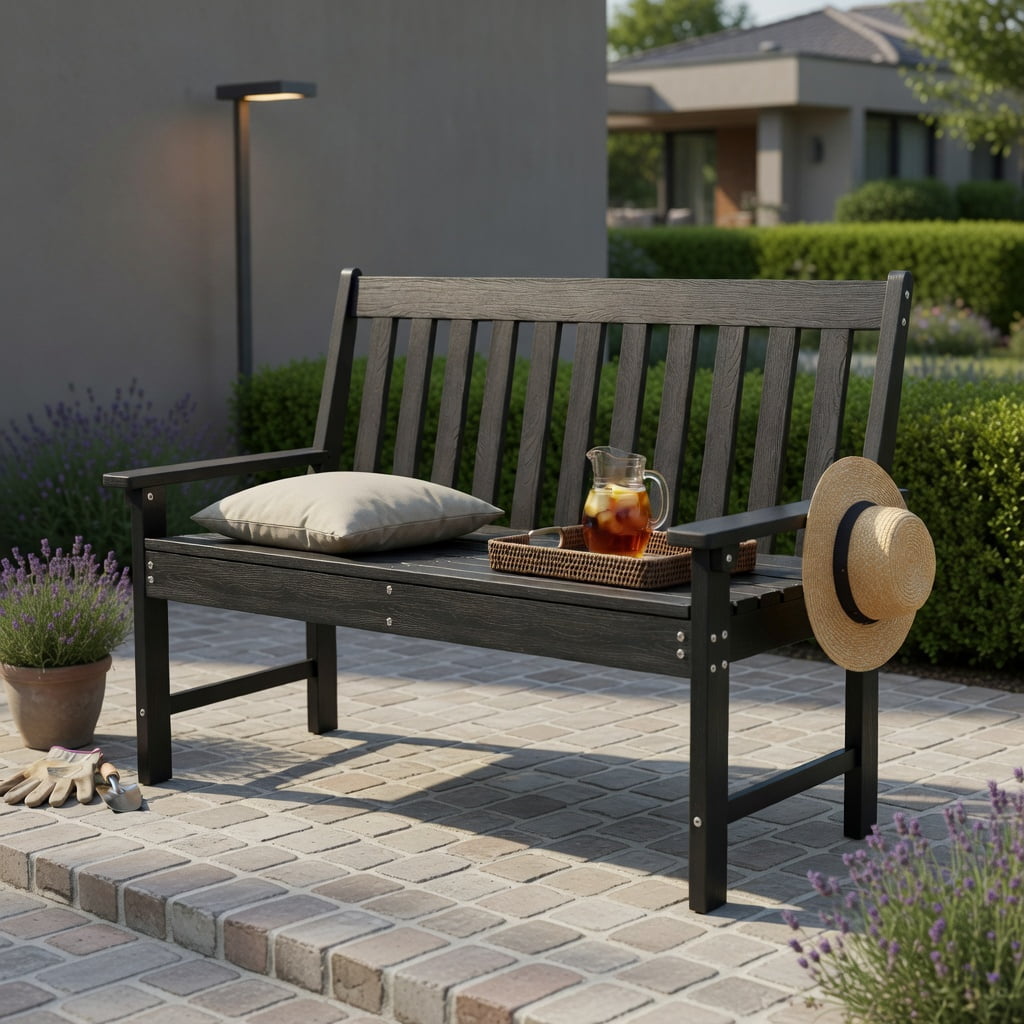 Hommoo 52" All-Weather HDPE Outdoor Bench, Heavy-Duty, Garden Bench with Backrest, Armrests & Slatted Design for Porch, Backyard & Patio, Black