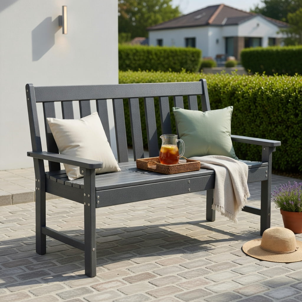 Hommoo 52" All-Weather HDPE Outdoor Bench with Backrest & Armrests, Heavy-Duty Garden, Porch, Backyard Seating, Gray