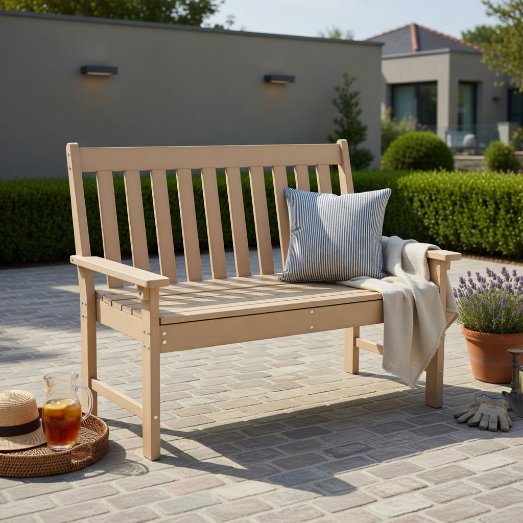 Hommoo 52" All-Weather HDPE Outdoor Bench with Backrest & Armrests, Weather-Resistant Teak-Style Patio Seating for Porch, Garden, Backyard, Natural