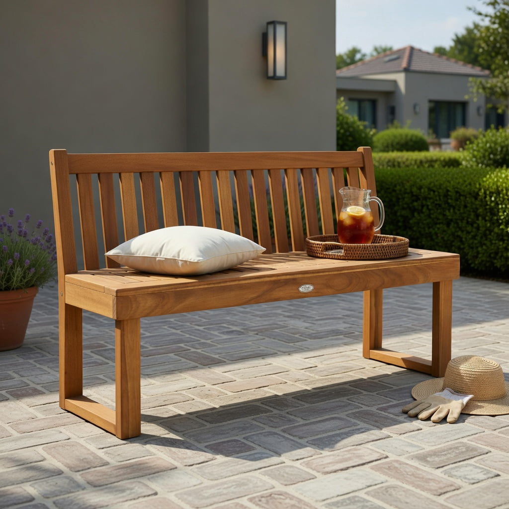 Hommoo 52" Solid Acacia Wood Outdoor Dining Bench, Teak-Colored Slatted Patio Bench for Backyard, Poolside & Indoor Use, Natural