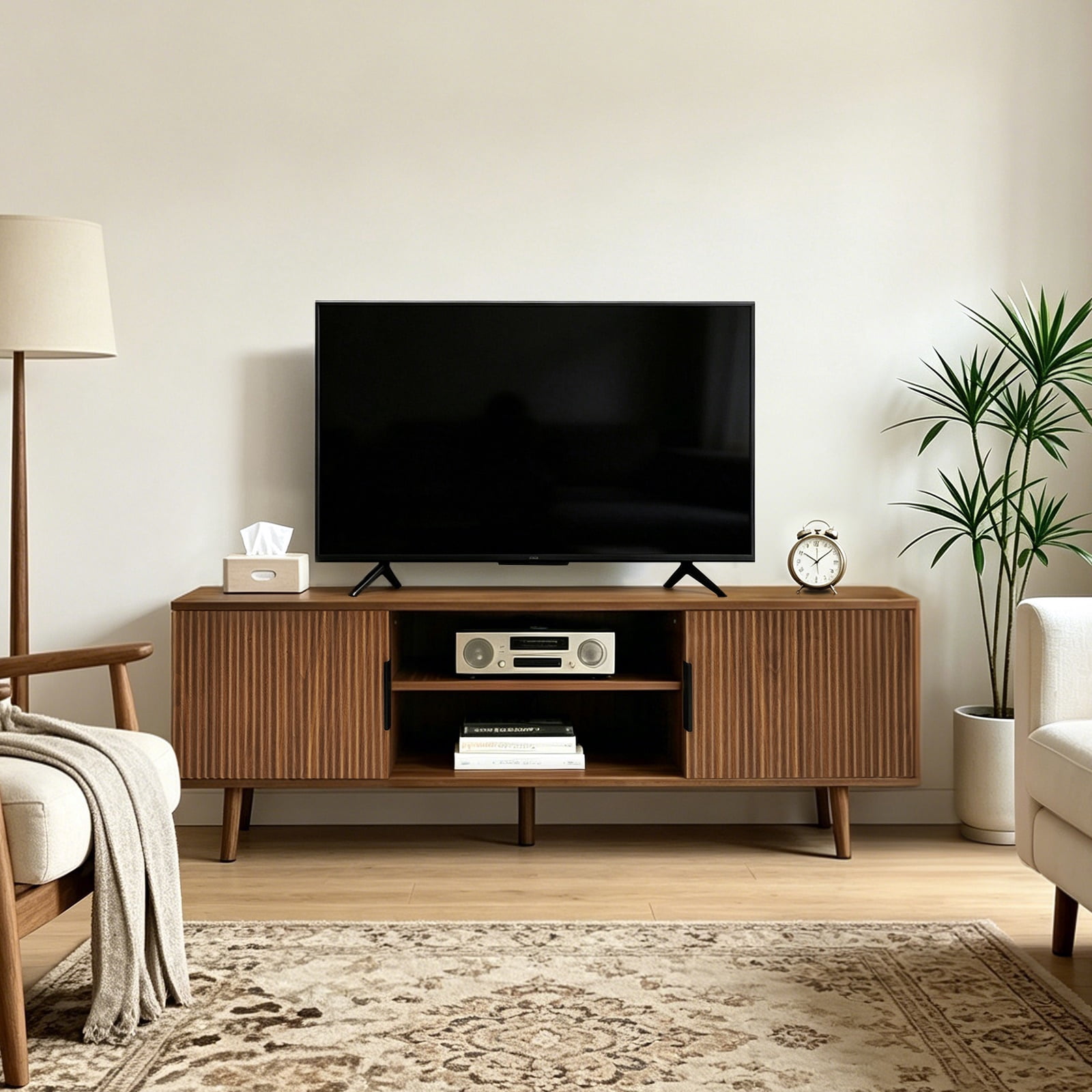 Hommoo 54.3" Mid Century Modern Fluted TV Stands with Open Shelves, TV Console Entertainment Center TV Media Cabinet for Bedroom, Living Room, Walnut