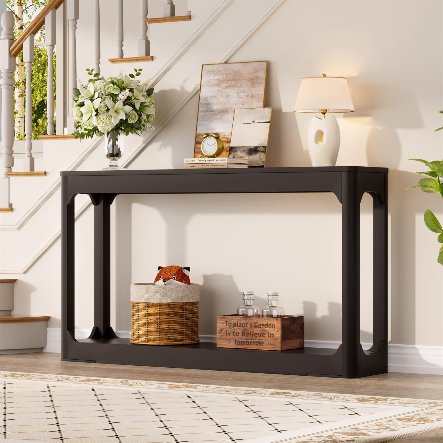 Hommoo 55.1-inch Modern Curved-Leg Console Table, Slim Entryway & Sofa Back Table with Open Shelf, Space-Saving Hallway Storage Table for Living Room, Entryway, Office, Black