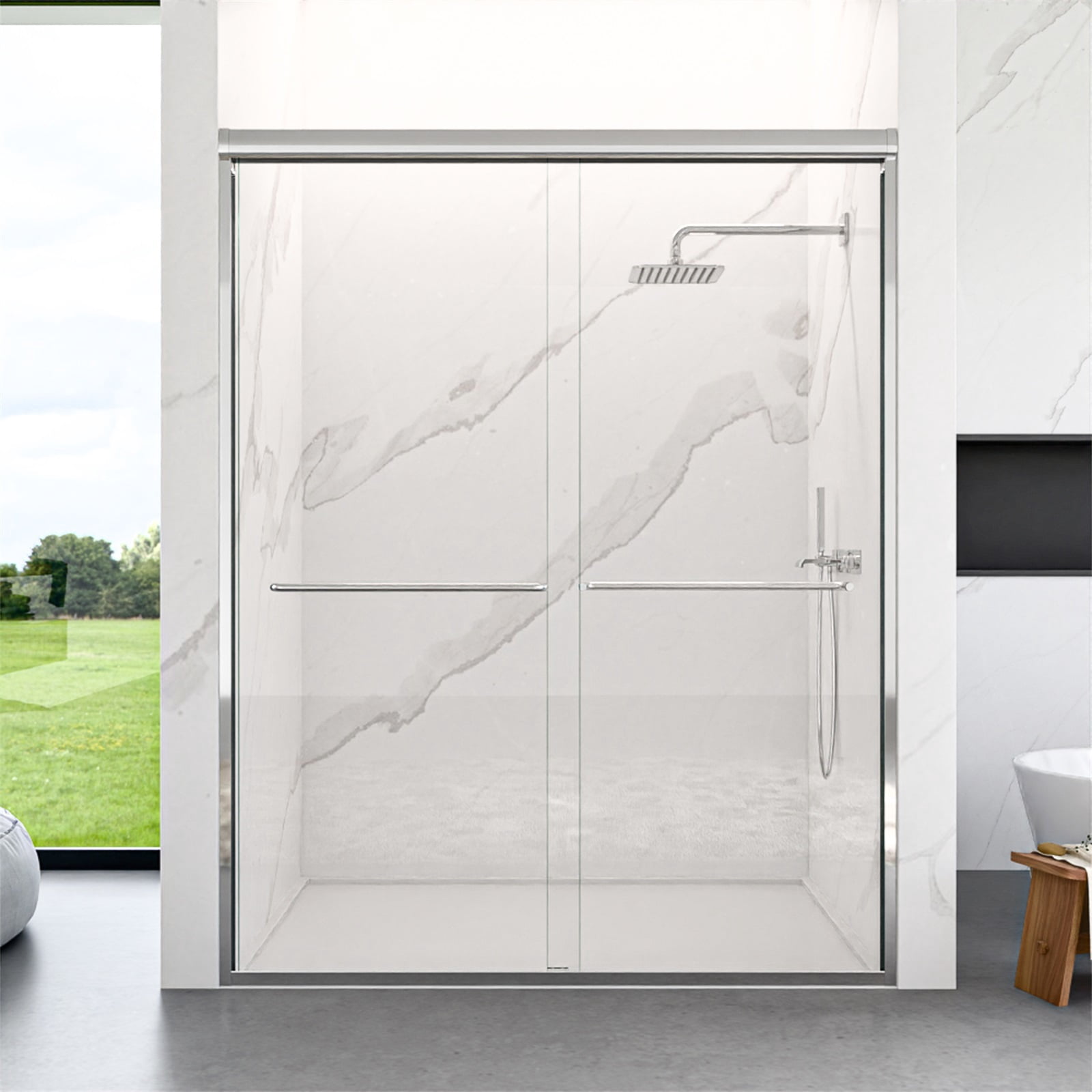 Hommoo 56"-60"W x 72"H Semi-Frameless Double Sliding Shower Door, Bypass Shower Door, 1/4" Thick SGCC Tempered Glass Door, Chrome