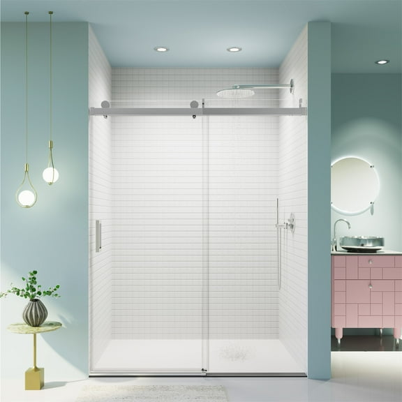 Hommoo 56-60" W x 76" H Frameless Single Sliding Soft-Close Shower Doors with Buffer，Bathroom Sliding Shower Door, 3/8"(10mm) Thick SGCC Tempered Glass Door, Reversible Installation, Chrome