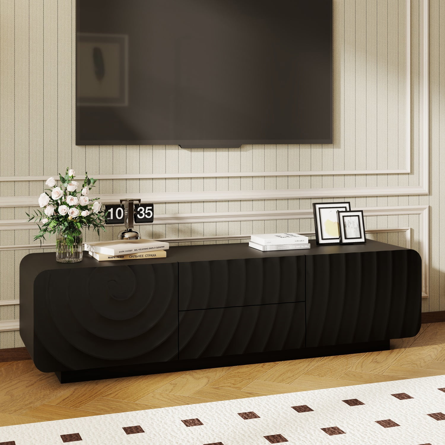 Hommoo 58" Modern Unique Spiral Wave Design TV Stand With Storage Cabinet And 2 Drawers, TV Console Entertainment Center for Living Room, Bedroom, Black