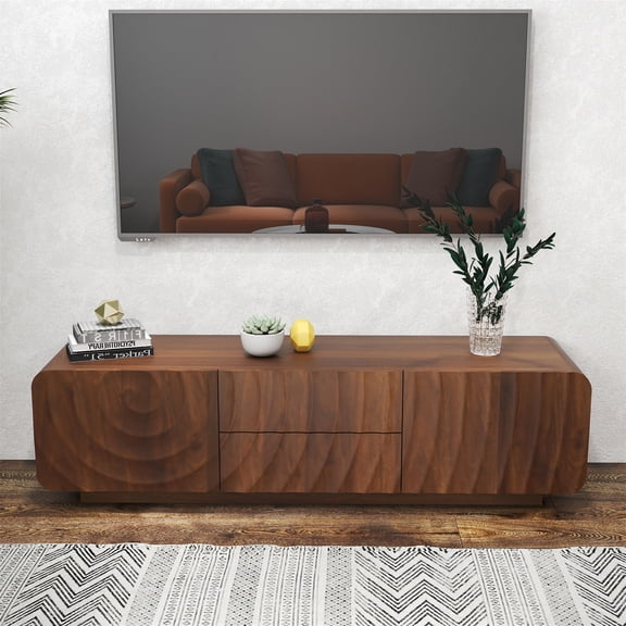 Hommoo 58" Modern Unique Spiral Wave Design TV Stand With Storage Cabinet And 2 Drawers, TV Console Entertainment Center for Living Room, Bedroom, Walnut