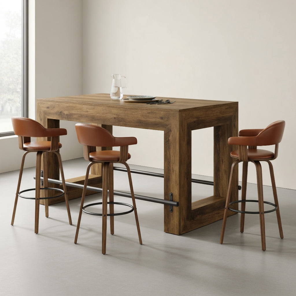 Hommoo 59 Inch Counter Height Bar Table with Metal Footrest, Modern Rectangular Pub Table for Dining Room, Kitchen Island, or Home Bar, Brown