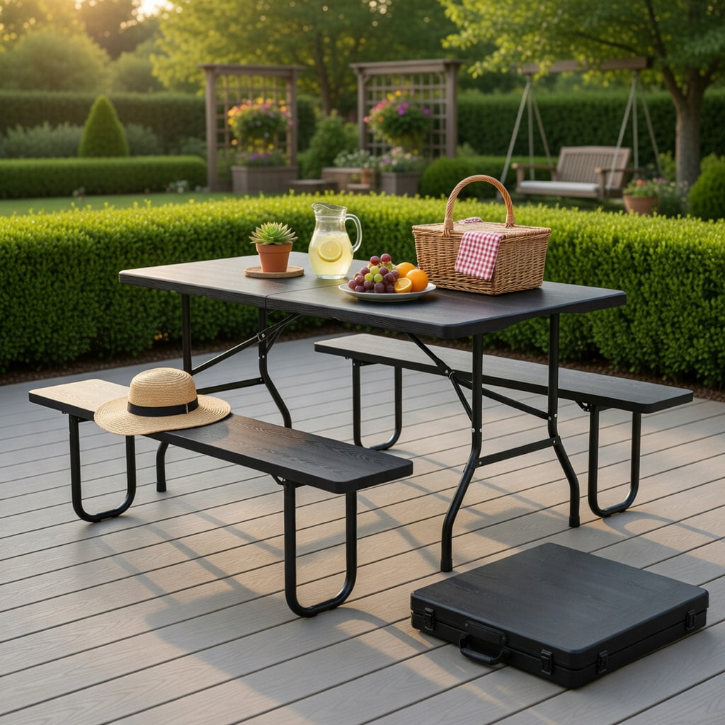 Hommoo 5FT Foldable Picnic Table with Wood-Grain HDPE Top, Non-Slip Feet & Reinforced Steel Frame, Outdoor/Indoor Table for 4-6 People, Black