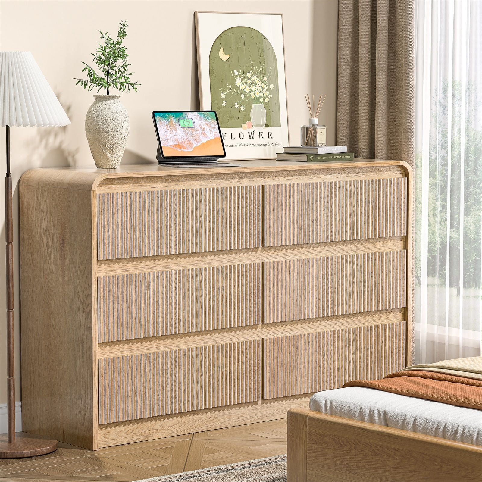 Hommoo 6-Drawer Wood Dresser with Fluted Panels, Wide Storage Chest for Bedroom, Living Room & Hallway, Smooth Glide Silent Slides & Rounded Safety Edges, Natural