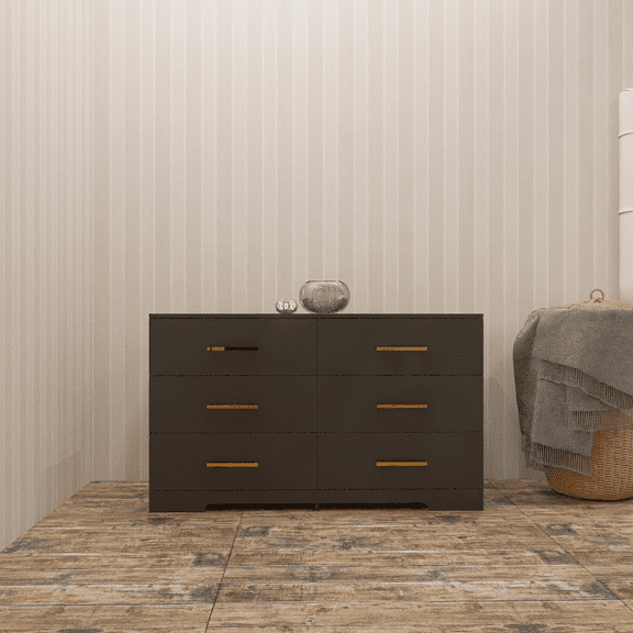 Hommoo 6 Drawers Chest of Drawer Dressers Table with Golden Handle, Drawer Cabinet for Living Room, Black