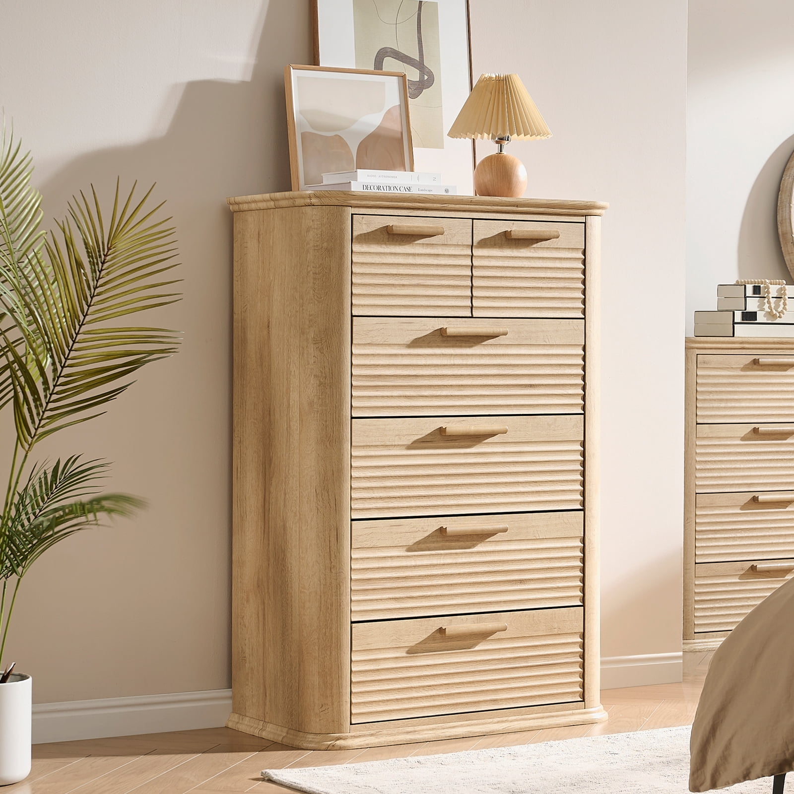 Hommoo 6 Drawers Dresser Storage Organizer, Modern 45" Tall Dresser with Curved Profile Design, Wood Fluted Drawer Chest for Living Room, Oak