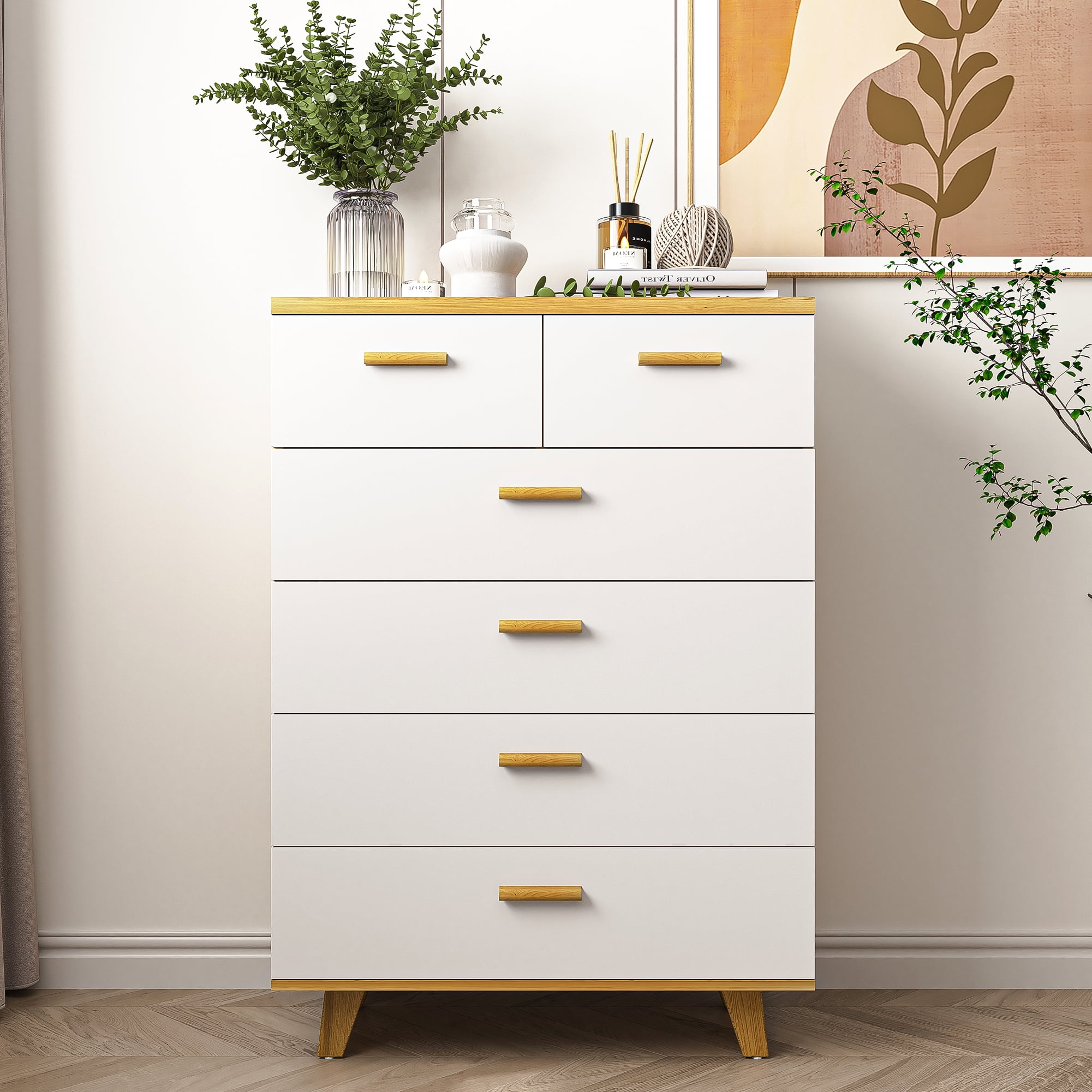 Hommoo 6 Drawers Wood Dresser, Modern Chest of Drawers for Living Room, White