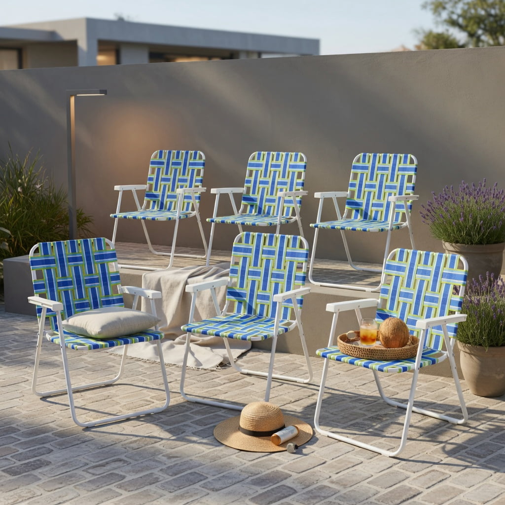 Hommoo 6-Pack Folding Beach Chairs for Camping, Lawn & Outdoor Use, Heavy-Duty Steel Frame, Fade-Resistant PE Webbing, Portable & Easy Setup, Blue