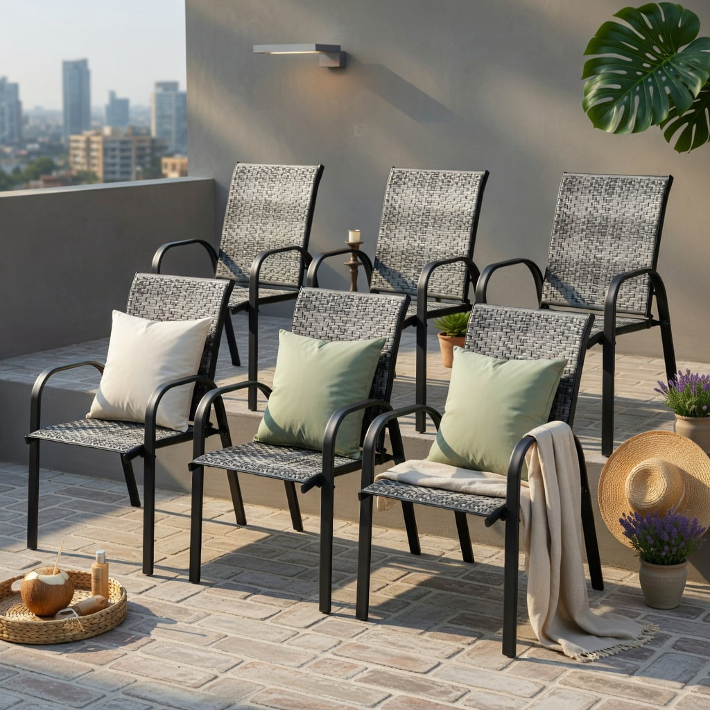 Hommoo 6-Pack Stackable Outdoor Dining Chairs, All-Weather PE Wicker & Rustproof Steel Frame, Patio, Garden & Poolside Use, Gray
