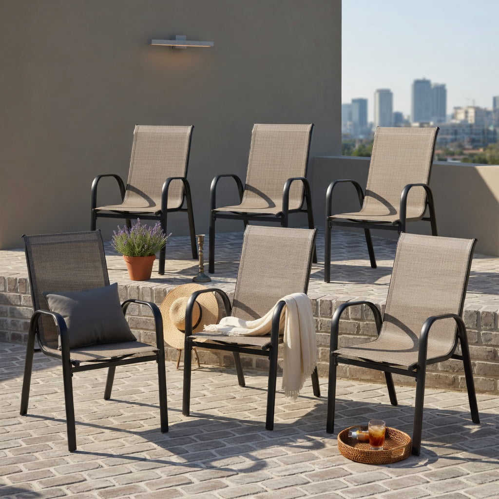 Hommoo 6-Pack Stackable Outdoor Dining Chairs, Breathable Fabric Seat, Curved Armrests, Heavy-Duty Steel Frame, Ideal for Patio, Backyard, Poolside & Balcony, Brown