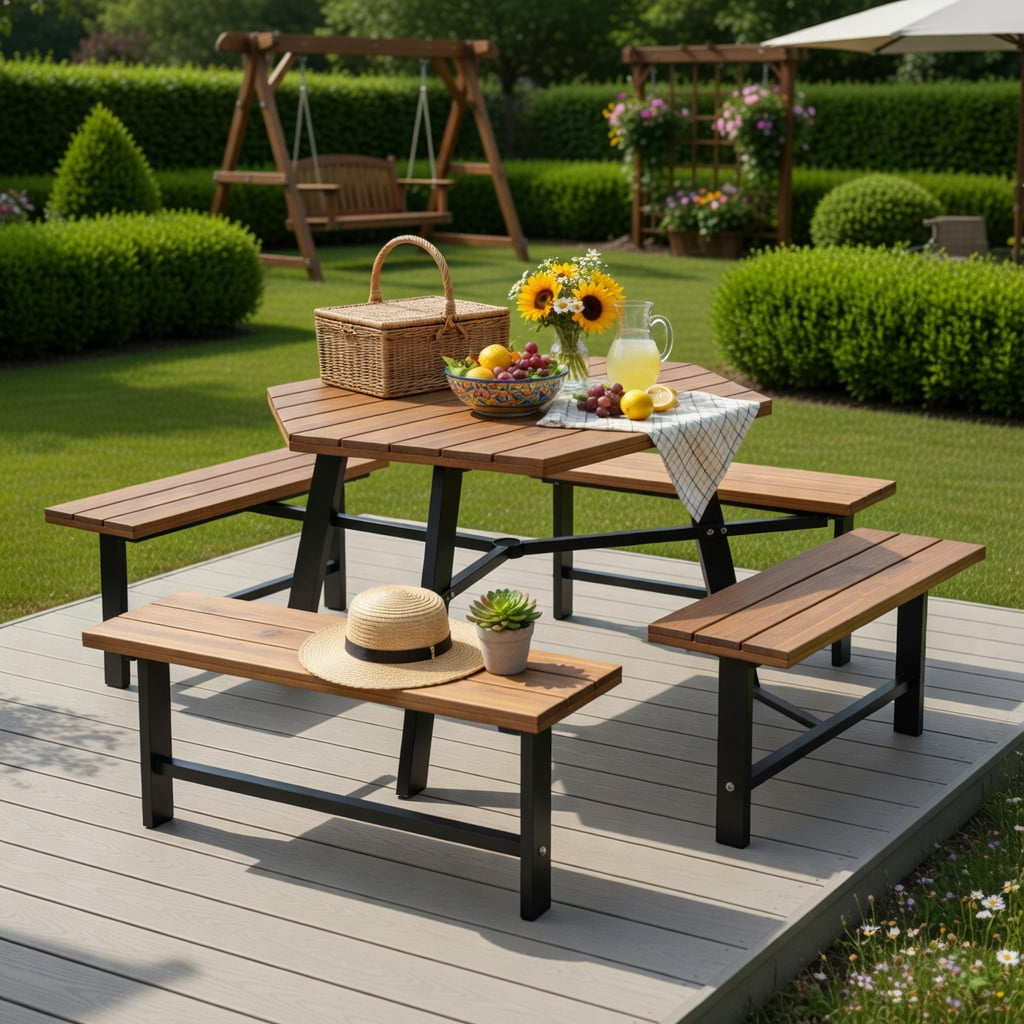 Hommoo 6-Person Acacia Wood Outdoor Picnic Table Set with 3 Benches, Rust-Resistant Metal Frame, Umbrella Hole & Adjustable Feet, Brown & Black