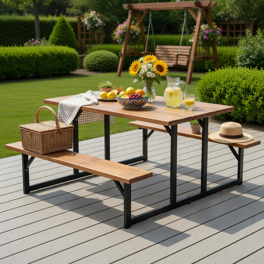 Hommoo 6-Person Acacia Wood Outdoor Picnic Table Set with Built-In Benches, Heavy-Duty Metal Frame, Umbrella Hole, Deck & Patio Ready, Brown & Black
