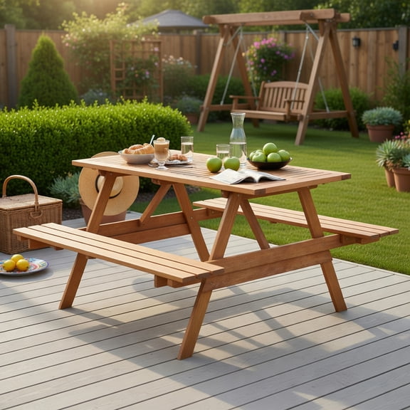 Hommoo 6-Person Outdoor Picnic Table Set with Built-In Benches & Umbrella Hole, Hardwood Rectangular Patio Table for Backyard, Garden, Poolside, Natural