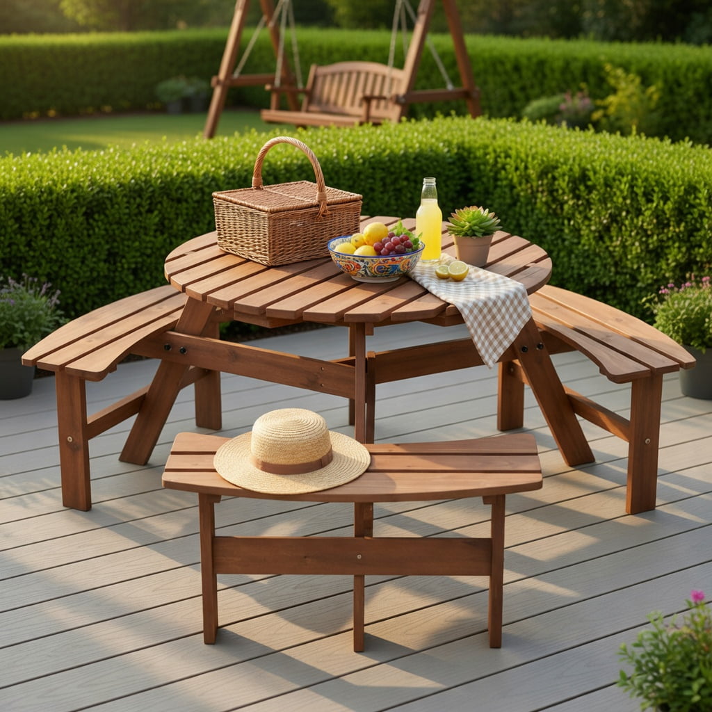 Hommoo 6-Person Round Outdoor Picnic Table Set with 3 Built-in Benches, Umbrella Hole & Weather-Resistant Fir Wood, Brown