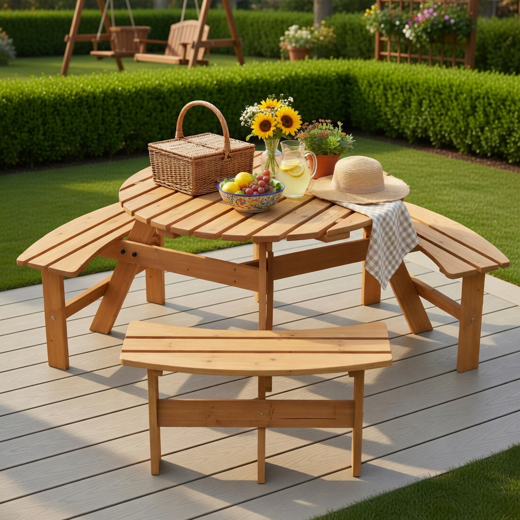 Hommoo 6-Person Round Outdoor Picnic Table Set with 3 Built-in Benches, Umbrella Hole & Weather-Resistant Fir Wood, Yellow