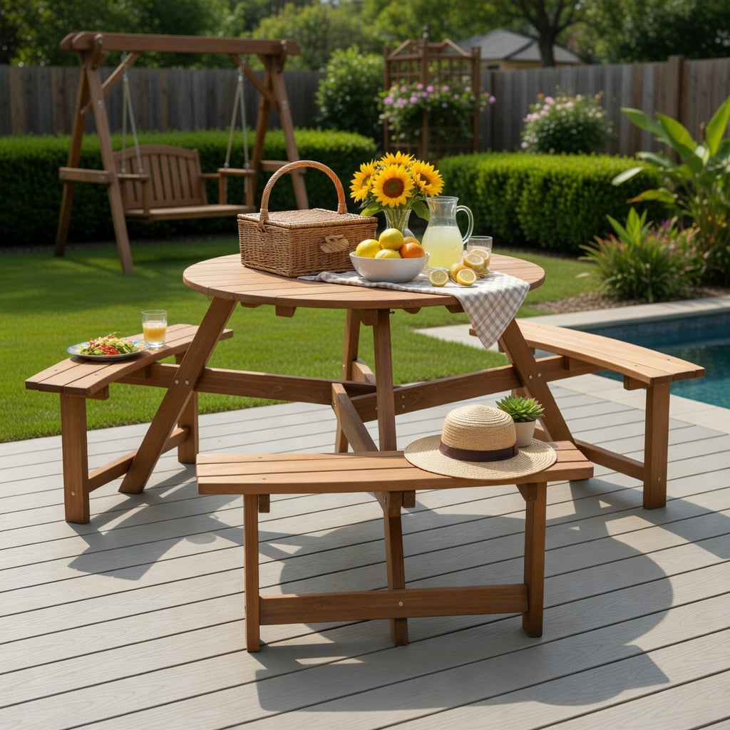 Hommoo 6-Person Round Wooden Picnic Table with Umbrella Hole, Outdoor Patio Table with 3 Built-in Benches, Rustic Solid Wood Design for Backyard, Garden & Deck, Dark Brown