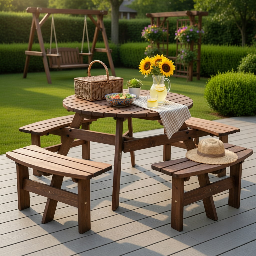 Hommoo 6-Person Wooden Picnic Table Set with Benches & Center Umbrella Hole, Fir Wood Outdoor Dining Set for Patio, Lawn, Deck, Dark Brown
