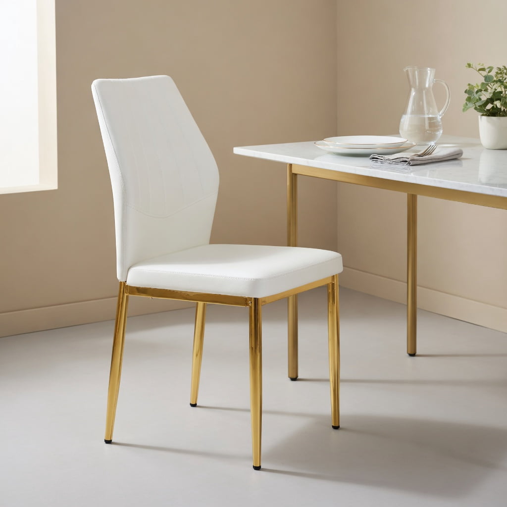 Hommoo 6-Piece Dining Chairs Set, 37 in Tall Ergonomic PU Leather Chairs with Metal Frame, Breathable Cushion & Adjustable Non-Slip Feet for Modern Dining Rooms, White & Gold