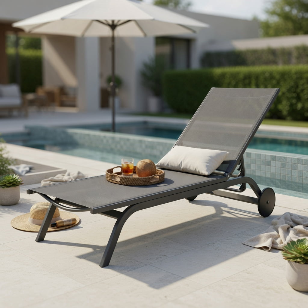 Hommoo 6-Position Adjustable Aluminum Outdoor Recliner Chair, Fabric Patio Lounge Chair for Poolside, Backyard & Balcony, Gray