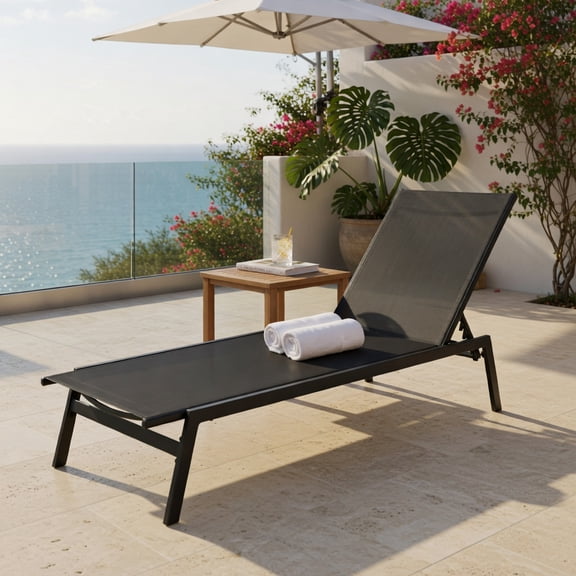 Hommoo 6-Position Adjustable Outdoor Chaise Lounge Chair, Heavy-Duty Steel Frame, Rustproof & Quick-Dry Fabric, Poolside & Backyard Recliner, Black